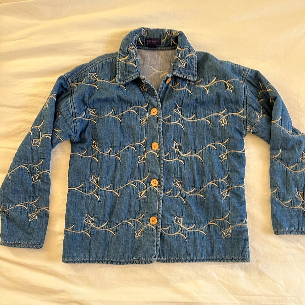 Vintage Padded Embroidered Denim Chambray Jacket Chore Barn Coat 90s